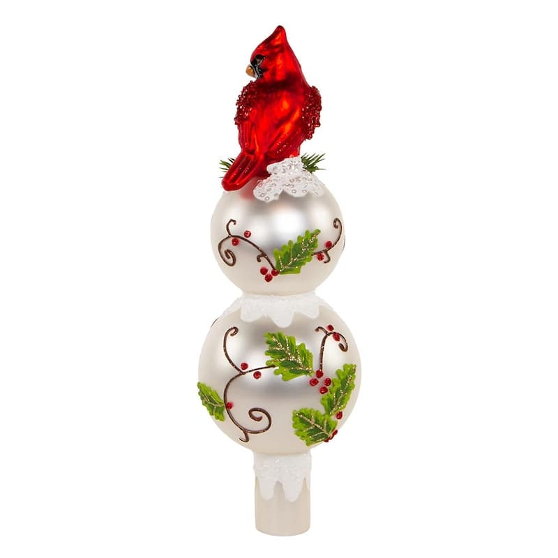 Kurt Adler 12-Inch Glass Holly and Cardinal Tree Topper - Red