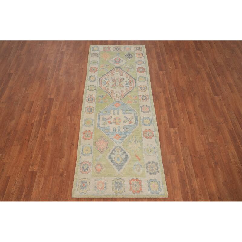 Hand Knotted Oriental 100% Wool Carpet Transitional Geometric Green Oushak Runner Rug - 7' 11'' X 3' 0''