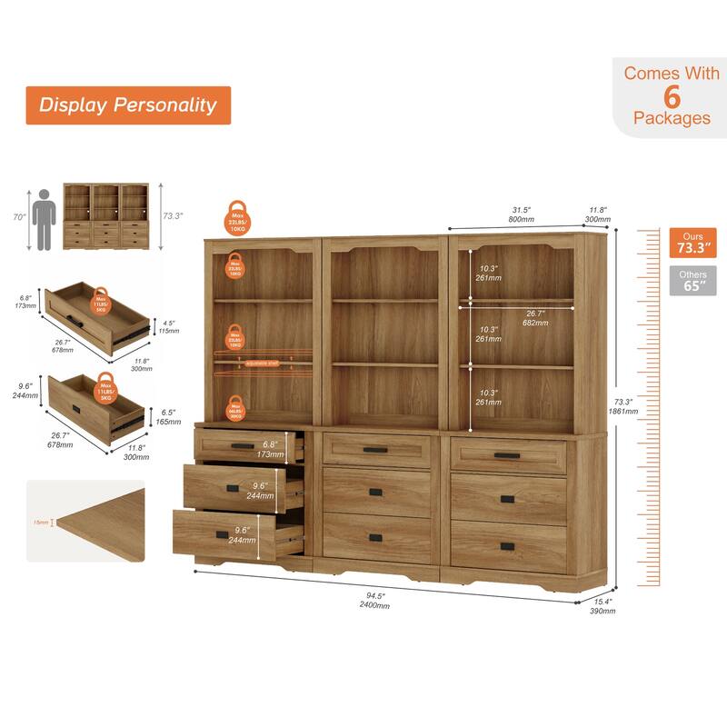 3 Tier Bookcase with Drawer,73.3" Tall Floor Standing Bookshelf