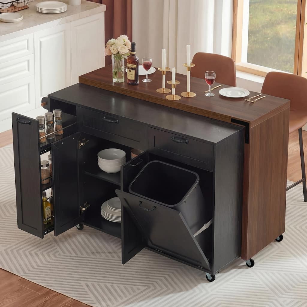 102.3" Kitchen Island with Extendable Dining Table, Trash Storage Cabinet & 3-Tier Pull-Out Spice Rack