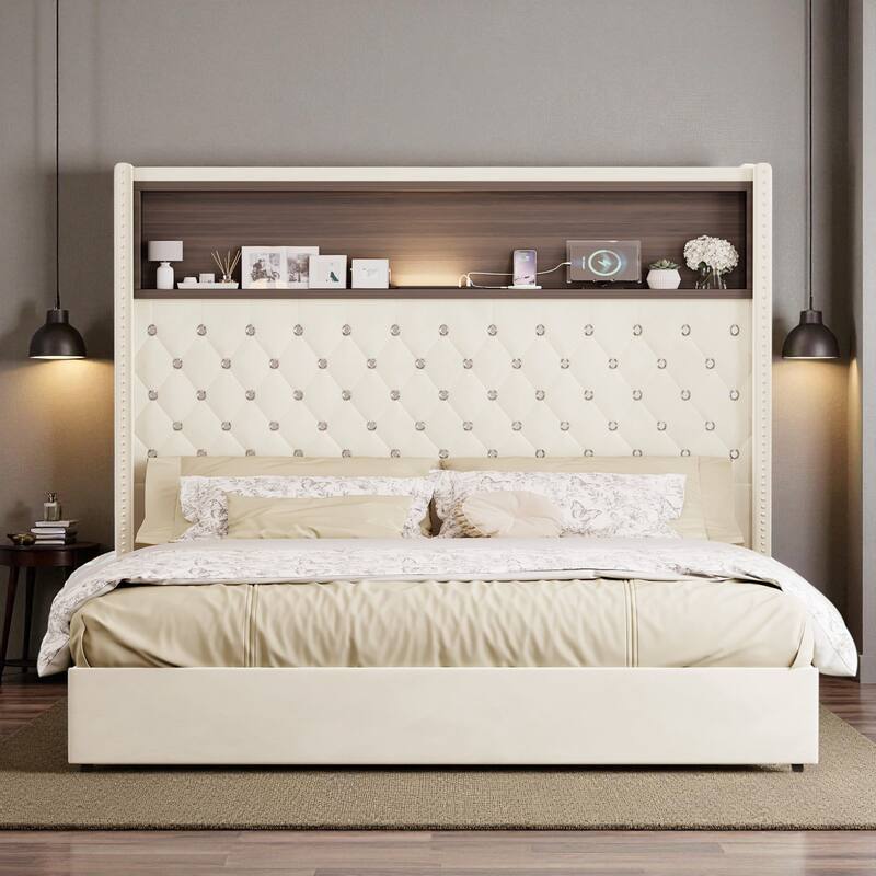 Full/Queen Velvet Tufted Bed Frame with 52" Wingback Headboard, USB Port, Night Light, Rivet Trim & Headboard Shelf