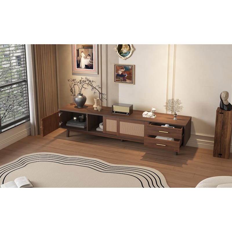 Roomfitters Mid Century Modern TV Stand for 80 Inch TV, Entertainment Center with Sliding Doors and Drawers, Walnut