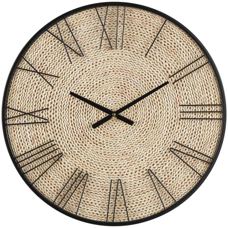 Brown Dried Plant Coiled Decorative Wall Clock with Black Metal Frame