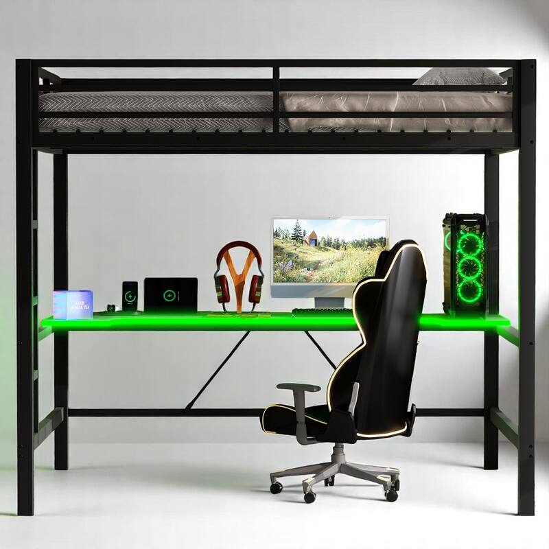 Twin/Full Size Gaming Metal Loft Bed with Desk, Remote LED Light & USB Charging Station - Space-Saving Frame