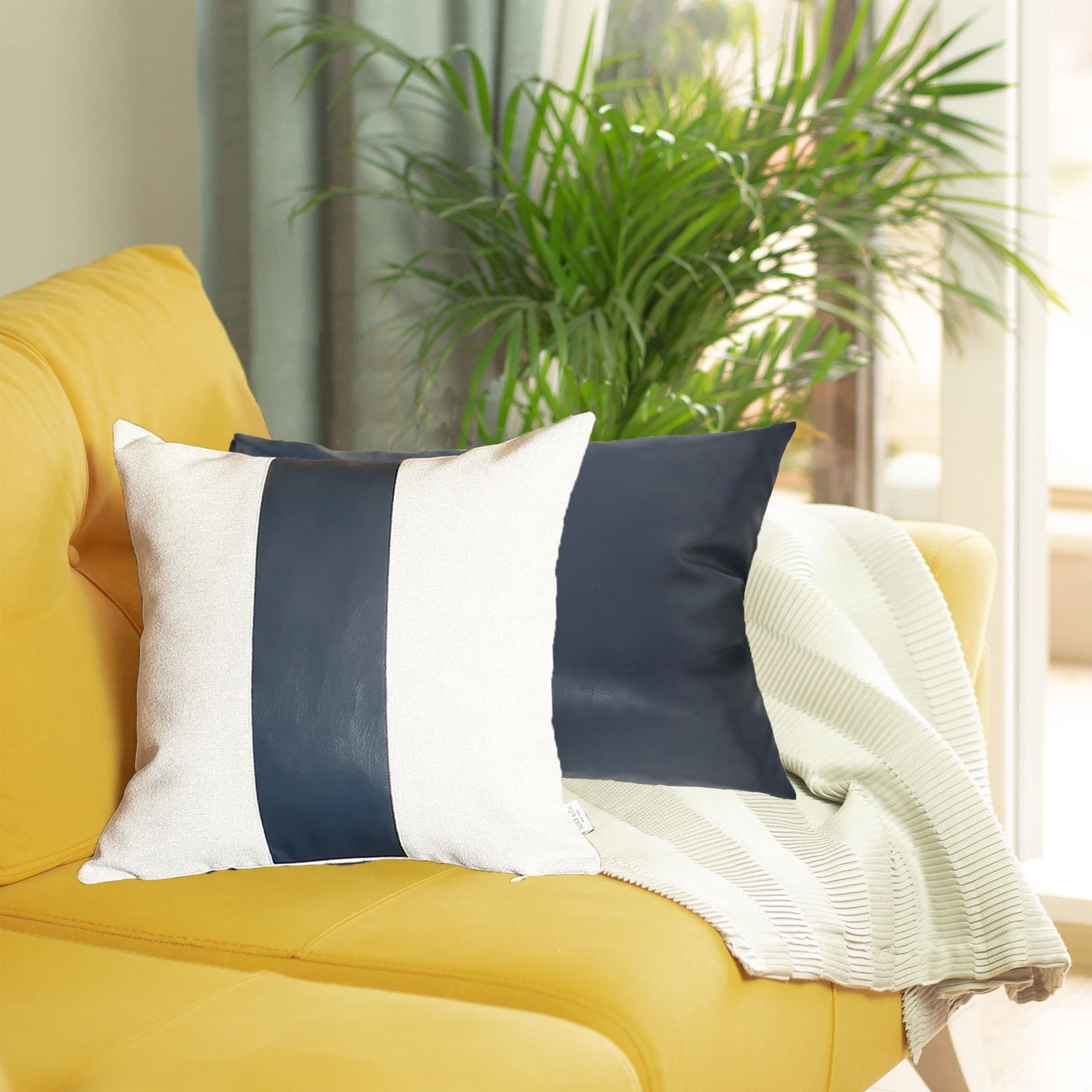 Set of 2 White and Navy Faux Leather Throw Pillows Bed Bath