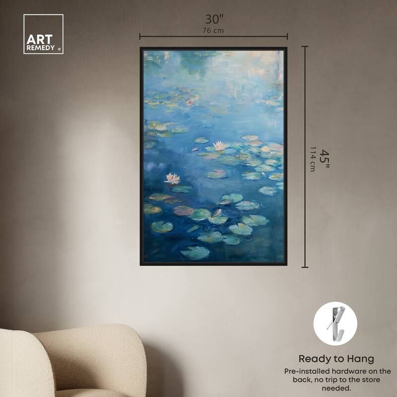 Art Remedy Lilypads In Blues Framed Impressionism 1 Piece Canvas Wall Art /Monet And Van Gogh Inspired Art