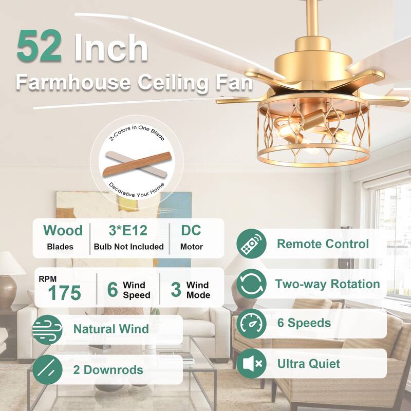 Cusp Barn 52 Inch Industrial Caged Ceiling Fan with Light and Remote, Farmhouse Quiet DC Motor Reversible Chandelier Ceiling Fan