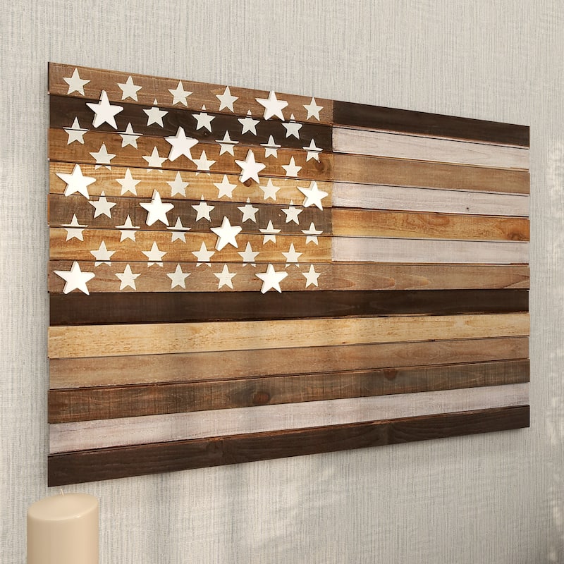 Brown Wood Handmade Washed American Flag Home Wall Decor with Slatted Panels and Cream Stars