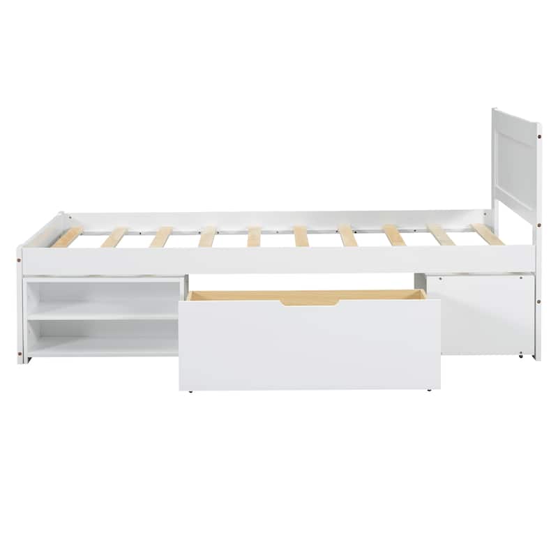 Antique White Twin Size Bed with Drawer & 2 Storage Shelves