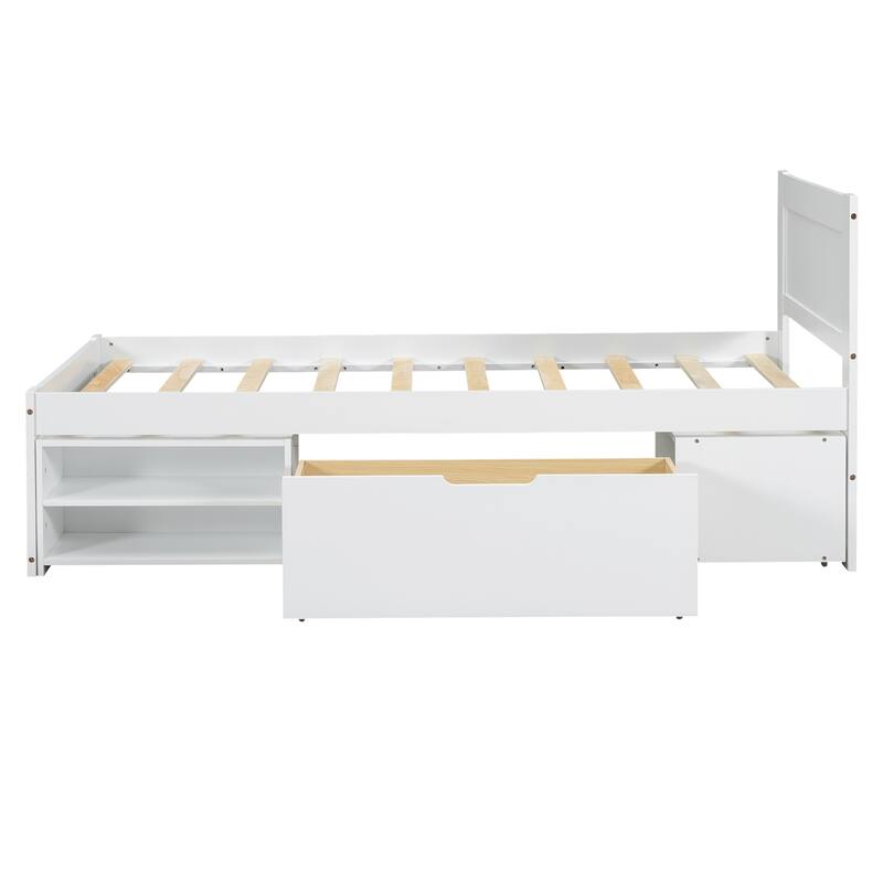 Twin Size Modern Platform Bed with Drawer and Two Storage Shelves