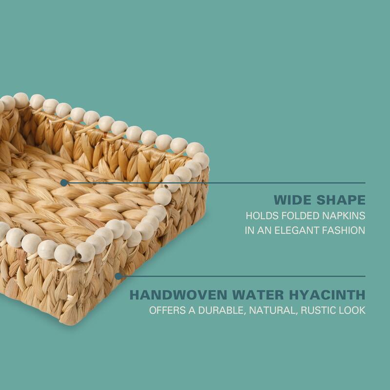 Gibson Home Woven Decorative Napkin Holder Tray - Natural Water Hyacinth Square Basket with Wood-Bead Trim