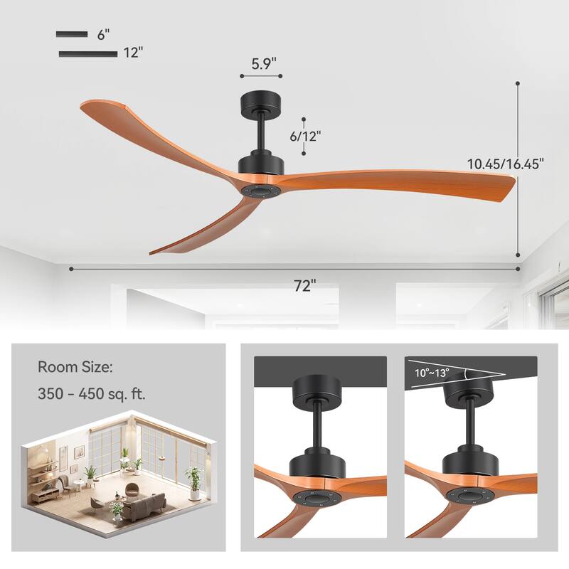 72" Large Modern ABS 3-Blade Ceiling Fan No Light with Remote