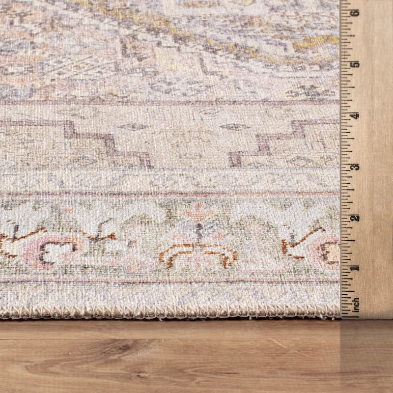 Beige Medallion Flat Pile Washable Rug - Pet Friendly, Non-Slip for Entryway and Bedroom