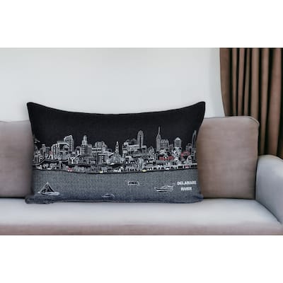 HomeRoots 25" Black Philadelphia Nighttime Skyline Lumbar Decorative Pillow