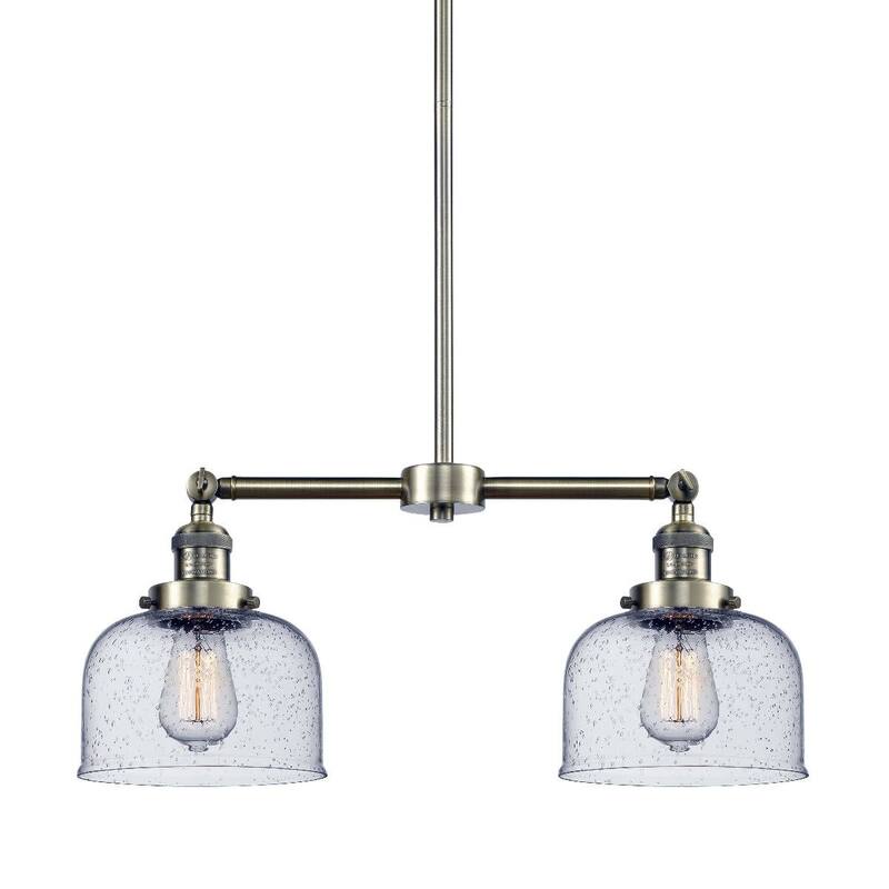 Innovations Lighting Large Bell 2 Light 24" Wide Linear Chandelier - Antique Brass / Seedy