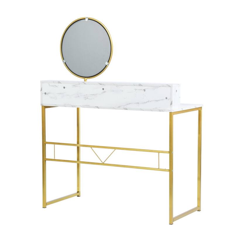 Homylin 41" Modern Vanity Table with Round Mirror, White Marble & Gold
