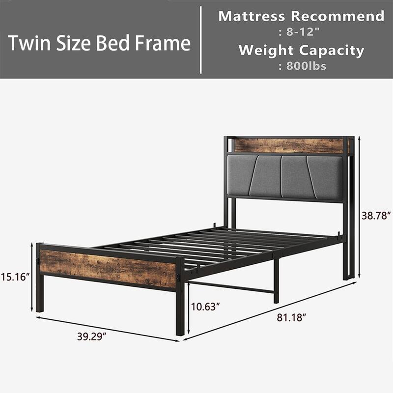 Bed Frames, Storage Headboard with Outlets, No Box Springs Needed
