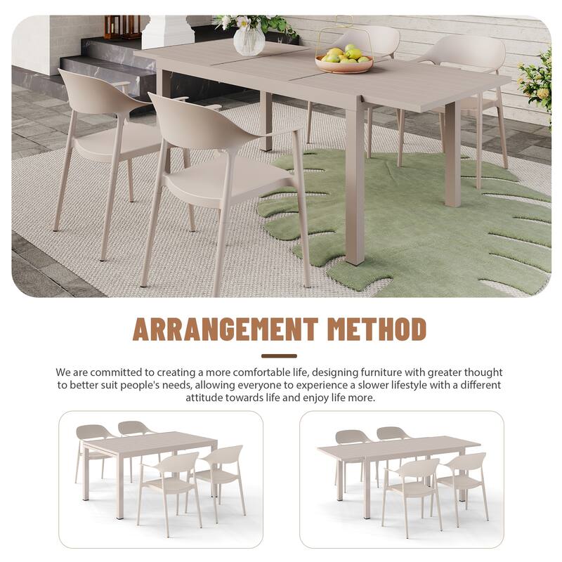 Outdoor Dining Set 5-Piece Stackable Plastic Lightweight Curved Backrest Armchair and Extendable Dining Table