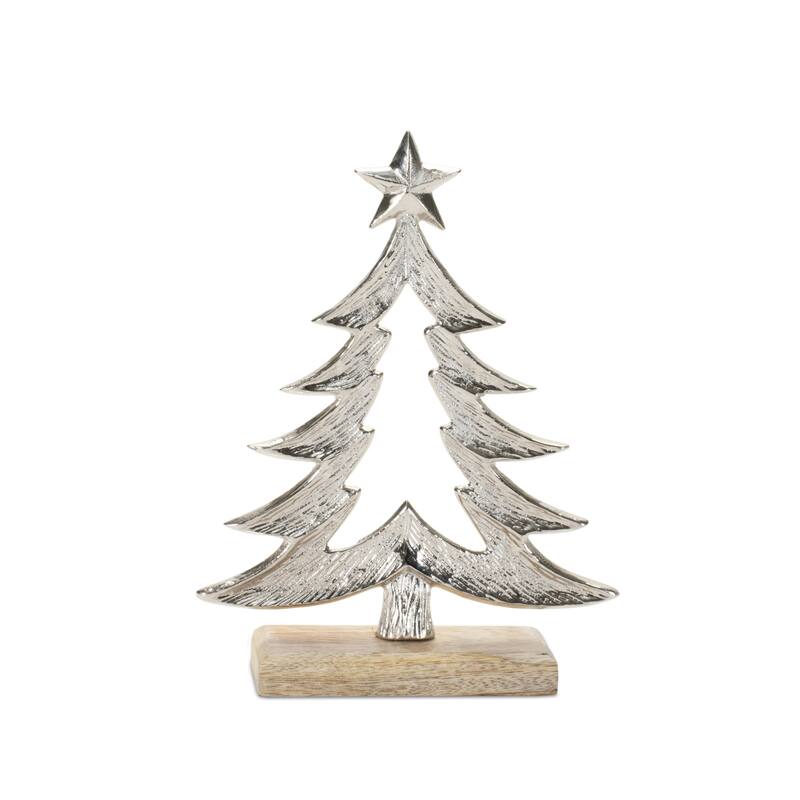 Pine Tree with Wooden Base Christmas Decorations - 10" - Silver - Set of 2