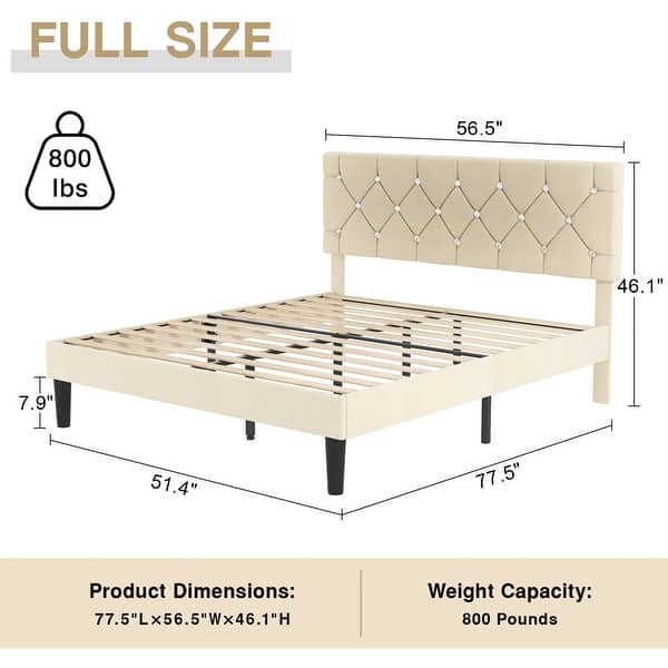 dimension image slide 15 of 18, VECELO Upholstered Beds With Diamond Tufted Headboard Platform Bed Frame 7.9'' Under Bed Space