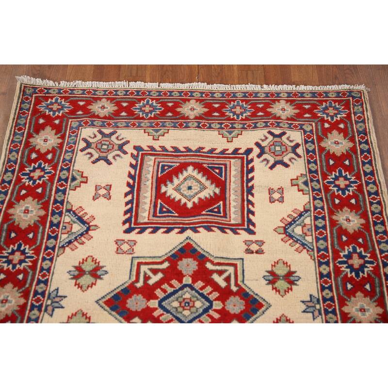 Ivory Kazak Oriental Accent Rug Hand-Knotted Wool Carpet - 3'5"x 4'10"