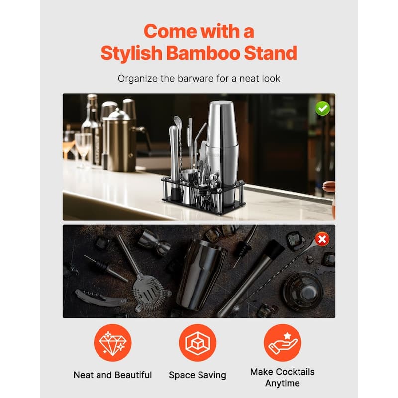 Stainless Steel Bartender Kit 14-Piece with Acrylic Stand & Shaker - 8.27 x 4.33 x 11.22 in