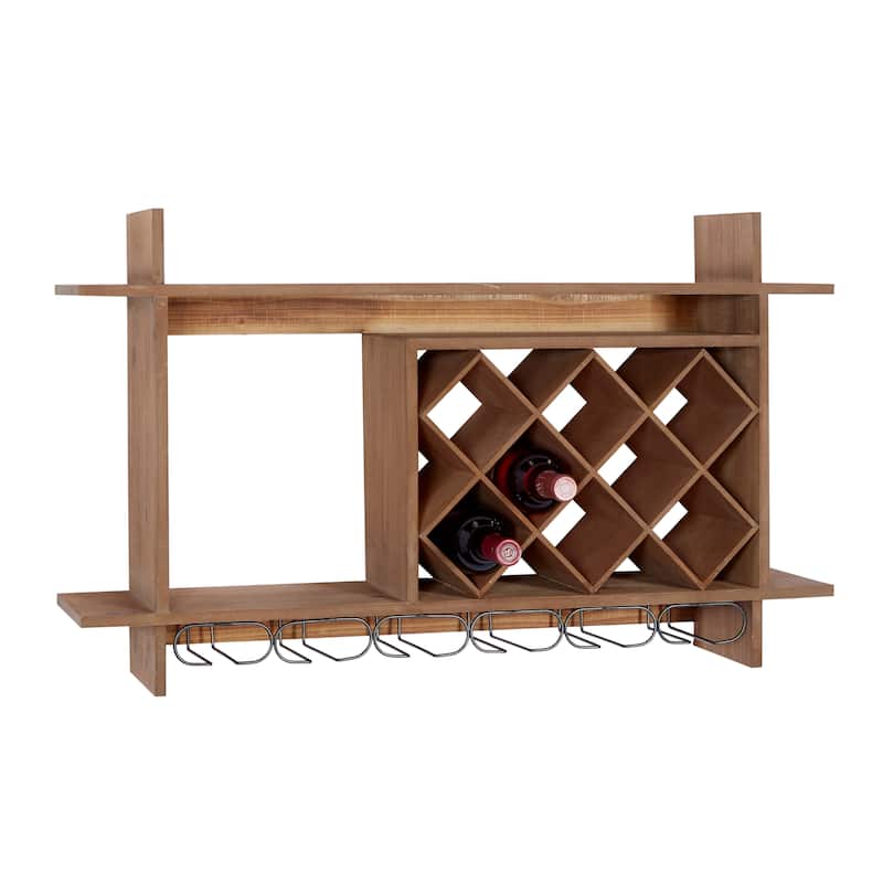 Wood Geometric 8 Bottle Wall Wine Rack with 6 Glass Holder Slots - Brown - Roche River Decor - 8"W x 34"L x 20"H