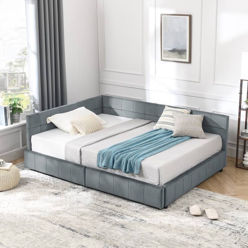 L-shaped Velvet Upholstered Daybed Tufted Sofa Bed with Soft Backrest Armrests - and Optional Corner Storage Day Bed