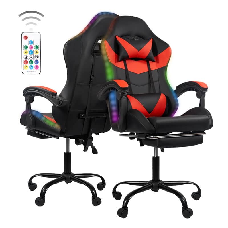 Gaming Chair Black-Blue - Ergonomic PU Seat w/Adjustable Armrests & Metal Legs​ - Red