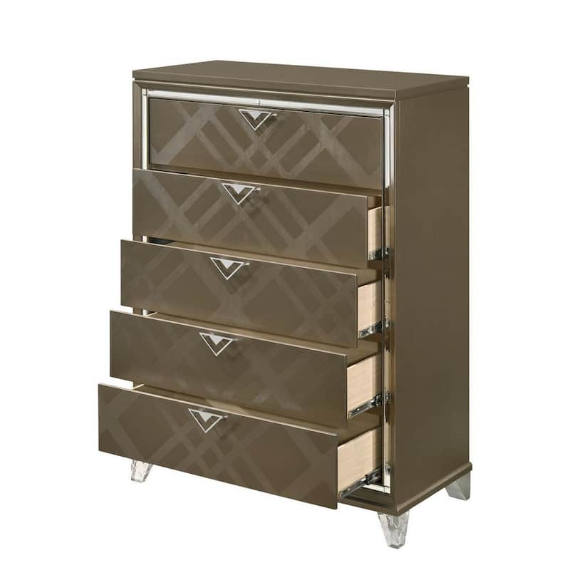 5 Drawer Wooden Chest with Acrylic Legs and Mirror Trim, Taupe Brown