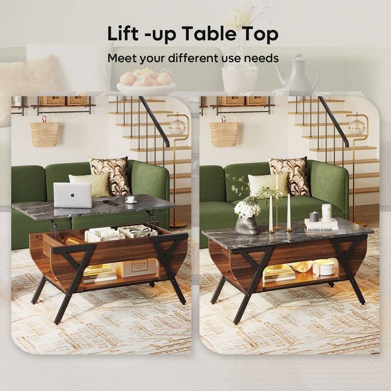 Lift-Top Coffee Table with LED Light and Storage Shelf