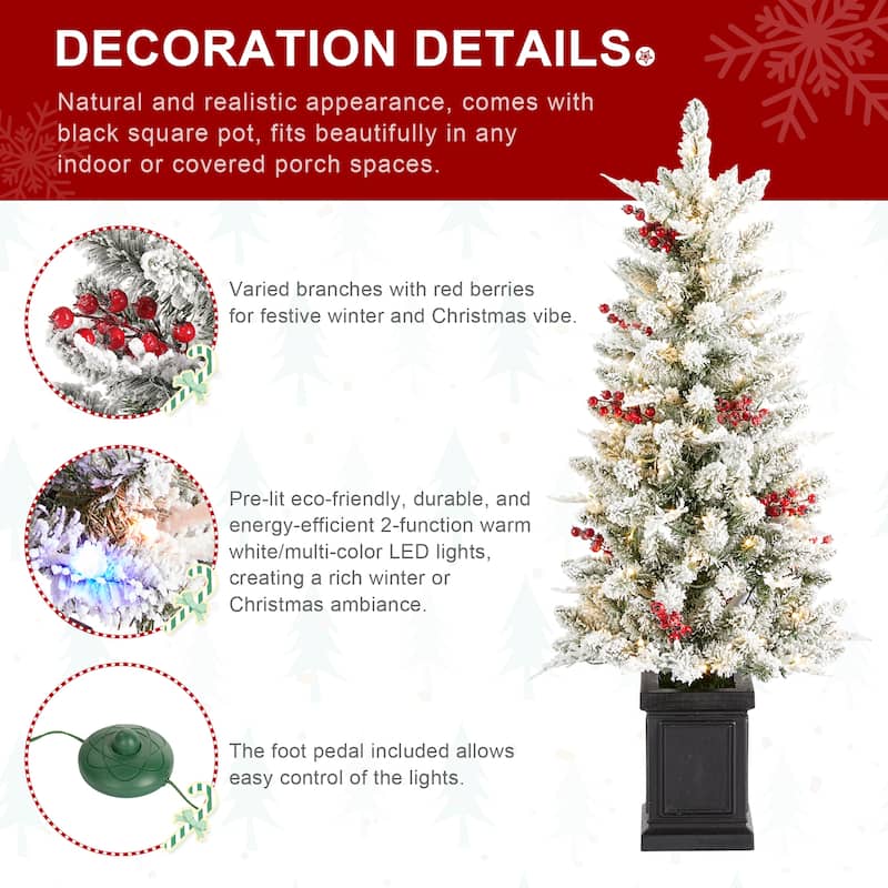 Glitzhome 4ft Pre-Lit Flocked Artificial Christmas Porch Tree with and Red Berries and 60 Warm White/Multi-color Lights
