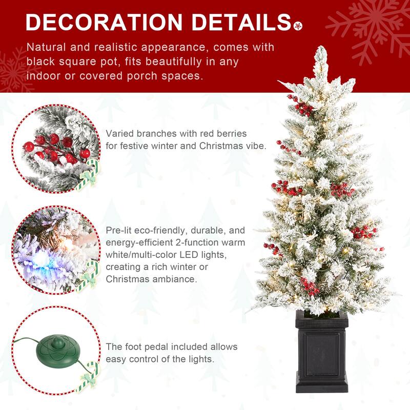 Glitzhome Artificial Christmas 5-Piece Set, 4ft Snow Flocked Artificial Potted Trees, Pinecone Berry Wreath and Teardrops