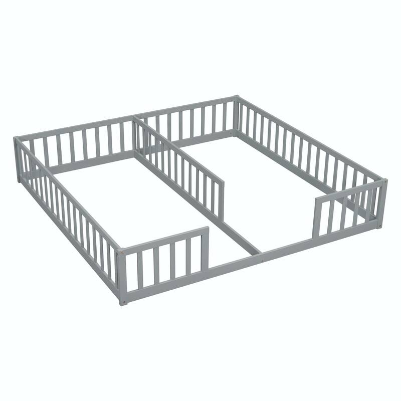 Double Twin Floor Bed with Fence and Guardrails, without door