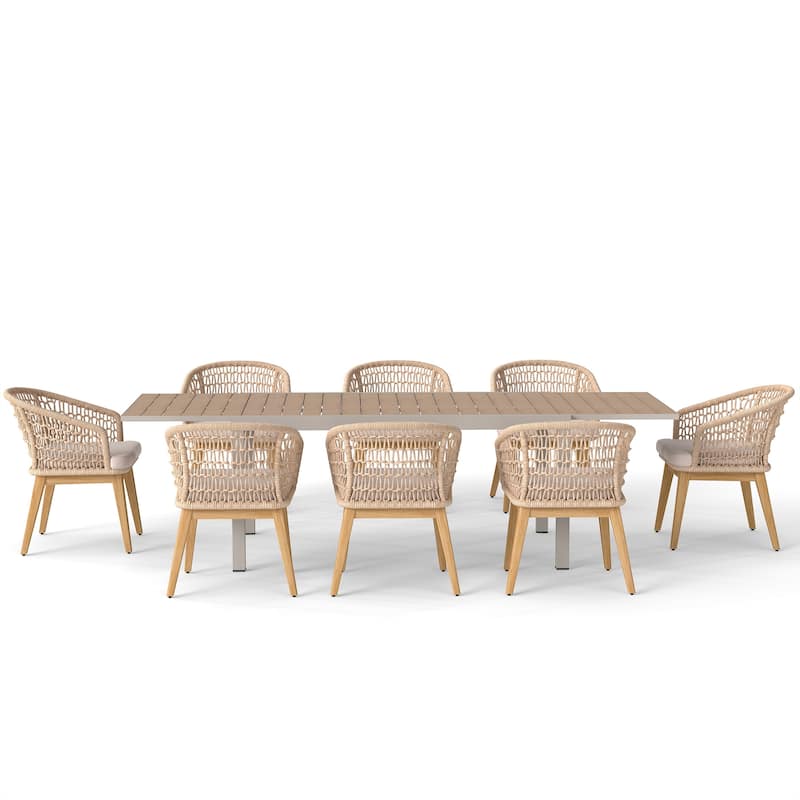 Extendable Outdoor Dining Set with Woven Rope Back Chairs with Cushions and All-Weather Aluminum Patio Table