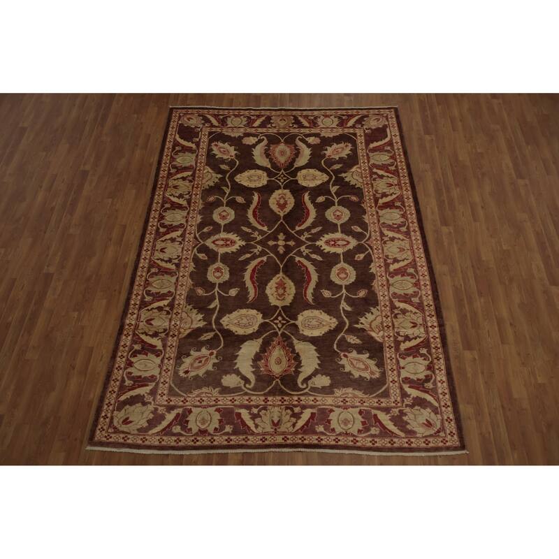 Hand Knotted Oriental 100% Wool Carpet Traditional Floral Brown Peshawar Area Rug - 9' 8'' X 6' 10''