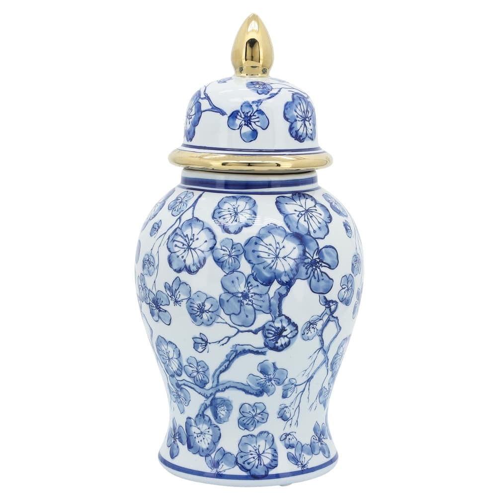 Sagebrook Home 14" Ceramic Temple Jar with Lid Contemporary Vintage Style Blue and White Chinoiserie Floral Design