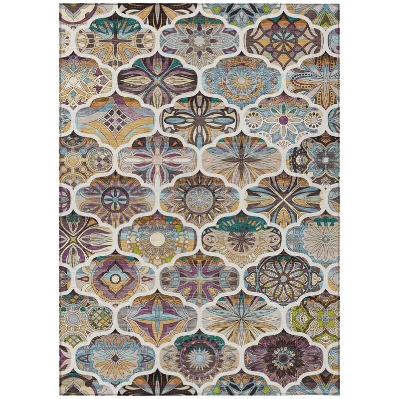 Machine Washable Indoor/ Outdoor Trellis Mosaic Chantille Rug