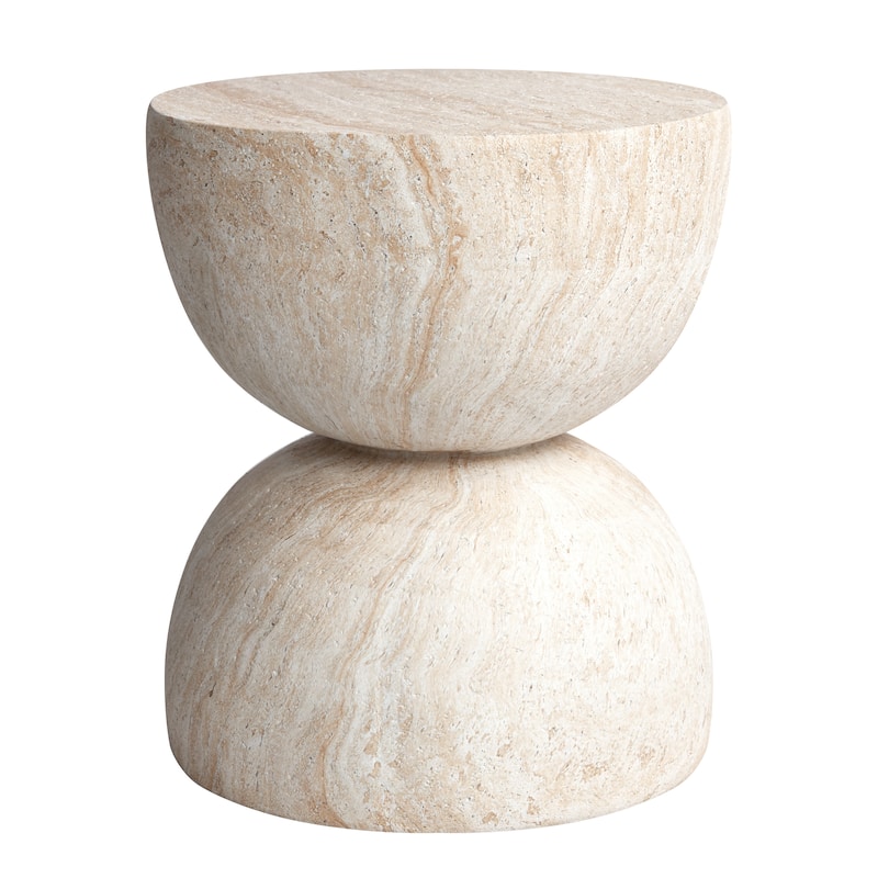 Double Hourglass Travertine Stone Finish Italian Design MgO Side Accent Table - 15.7x15.7"x18.5"