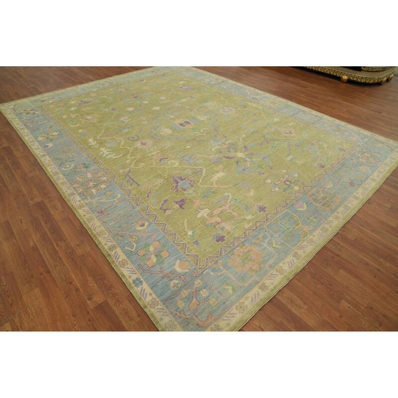 Vegetable Dye Green Oushak Turkish Area Rug, Floral Geometric Carpet - 12' 1'' X 9' 0''