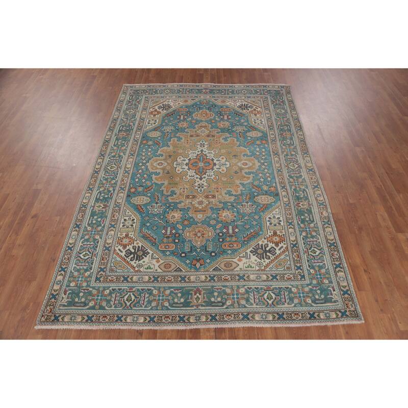Light Blue Tabriz Persian Vintage Area Rug Hand-Knotted Wool Carpet - 6'5" x 9'5"