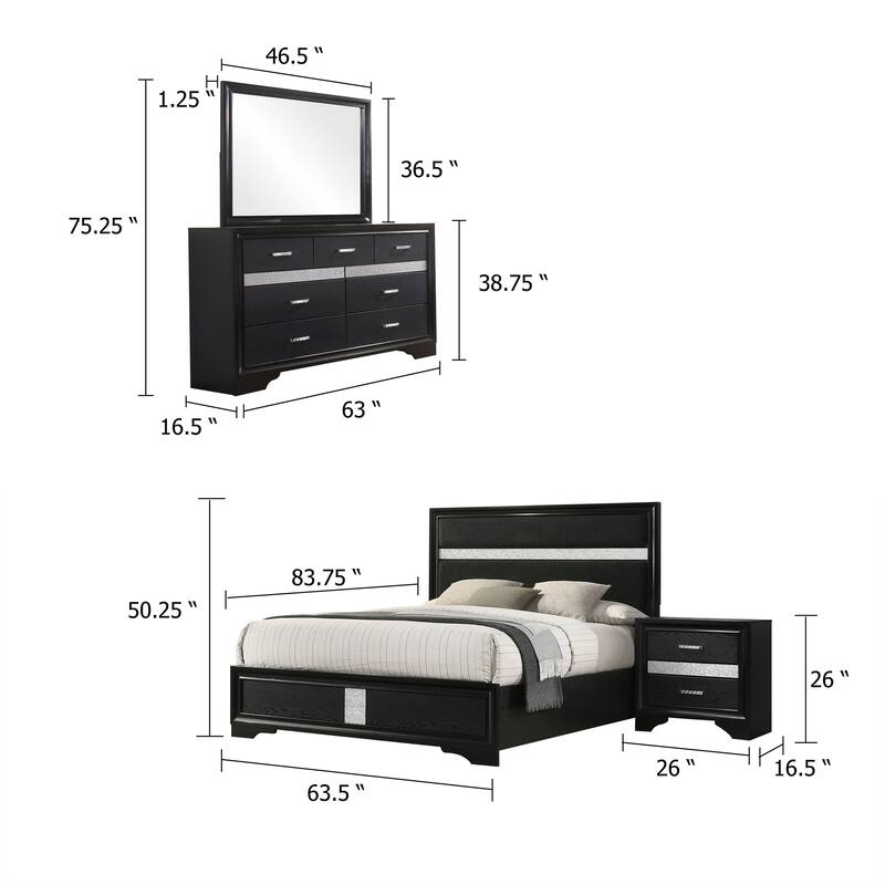 Vino Black 4 Piece Queen Bed Set with Dressers, Mirror, Glitter Accent