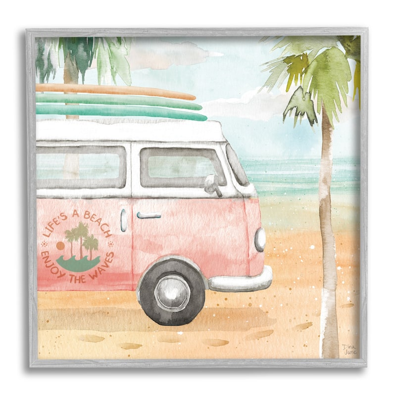 Stupell Life's a Beach Pink Surf Van Framed Giclee Texturized Wall Art, Design By Dina June - 24 x 24 - Grey