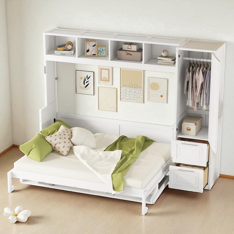 Queen Size Murphy Wall Bed with Closet and Drawers, Space Saving Foldable Bed with Storage Cabinet and Wardrobe