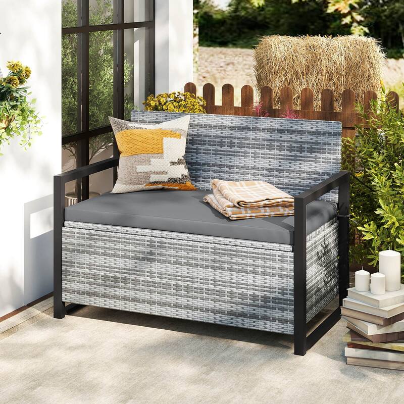 Costway Patio Storage Bench Wicker Loveseat with Built-in Storage & - See Details