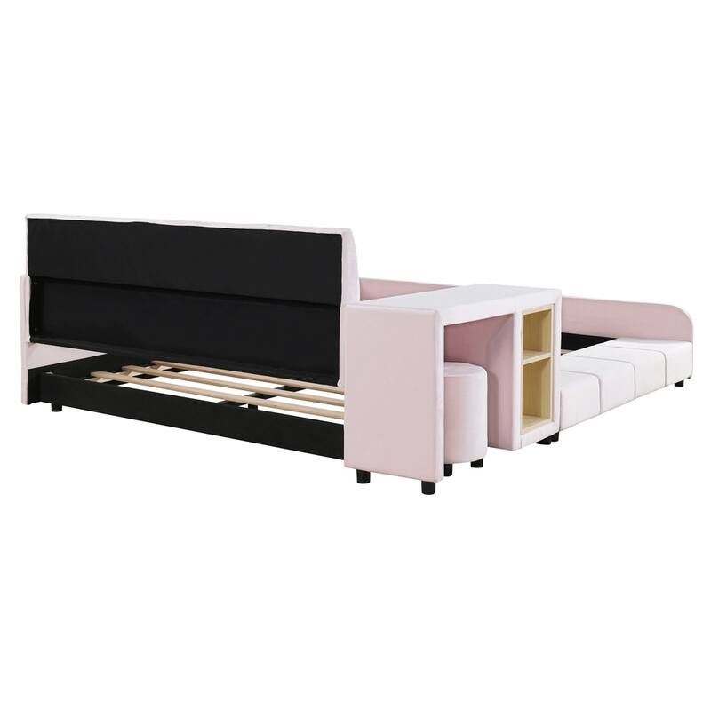 Full Upholstered Grounded Bed w/ Bedside Desk & Little Round Stool