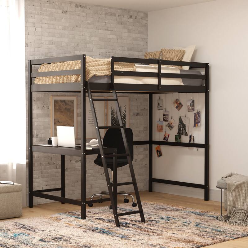 Traditional Wood Slat Loft Bed with Integrated Desk & Ladder - Espresso - Twin