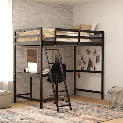 Traditional Wood Slat Loft Bed with Integrated Desk & Ladder
