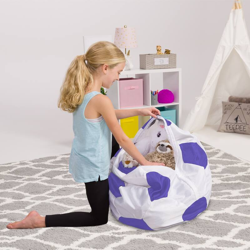 Kids Bean Bag Chair Cover Stuffed Animal Storage or Toy Organizer - 27 Inch Medium - Sports Soccer Ball Purple and White