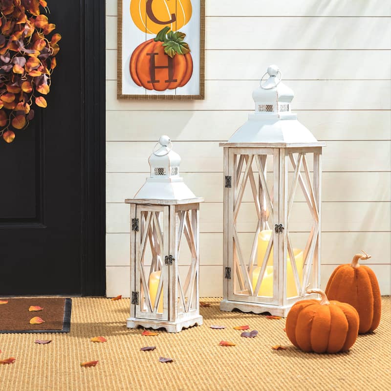 Glitzhome 2-Piece Oversize Farmhouse Wood/ Metal Hanging Candle Holders Decorative Lanterns - White